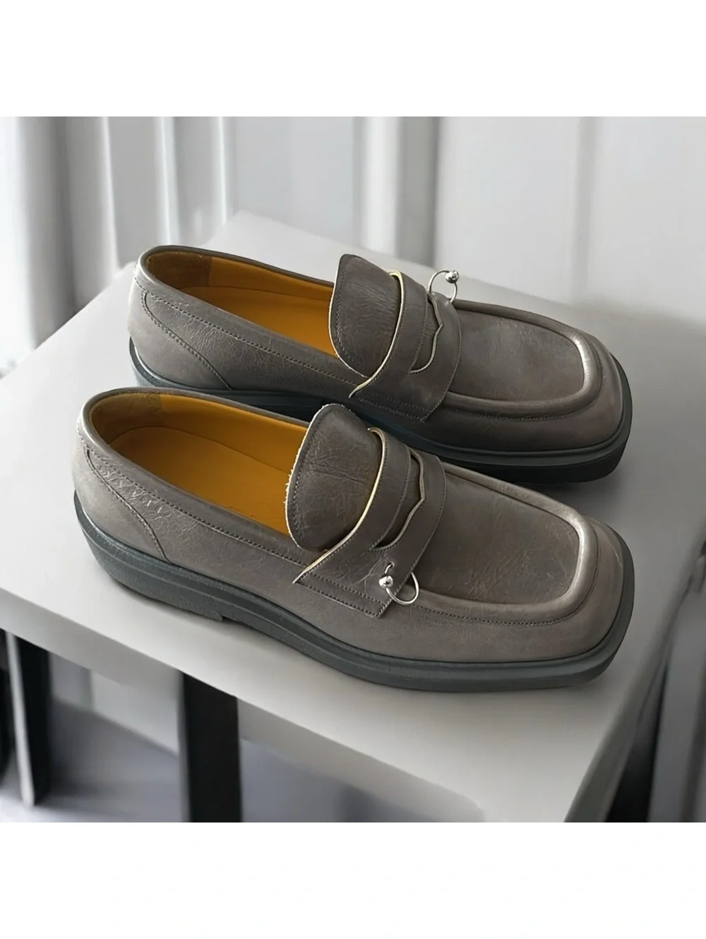 MARNI Moccasin Iconic Square-Toe Chunky Loafers Grey Size 44 NEW +DustBag